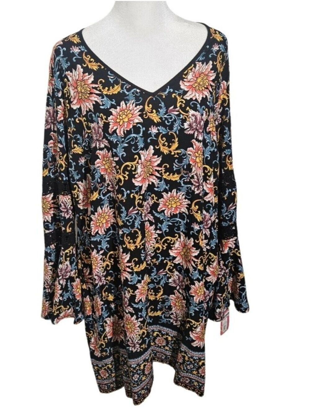 Xhilaration Black Floral Bell Sleeve Mini Dress XXL - Picture 15 of 17